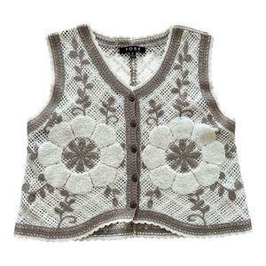 FORE Cream Embroidered Floral Button Down Sweater Vest Cardigan Women’s L